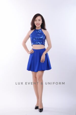 Cho thuê váy ngắn cổ động xanh sequin xanh coban