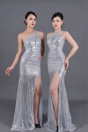 Váy dạ hội kim sa bạc lệch vai