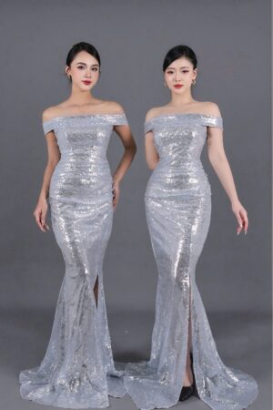 Váy dạ hội kim sa bạc vai ngang