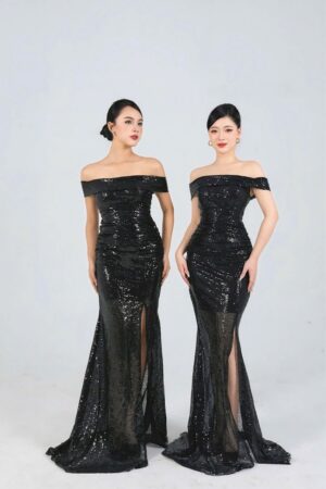 Váy dạ hội kim sa đen vai ngang