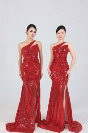 Váy dạ hội kim sa đỏ lệch vai