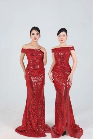 Váy dạ hội kim sa đỏ vai ngang