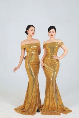 Váy dạ hội kim sa vàng vai ngang
