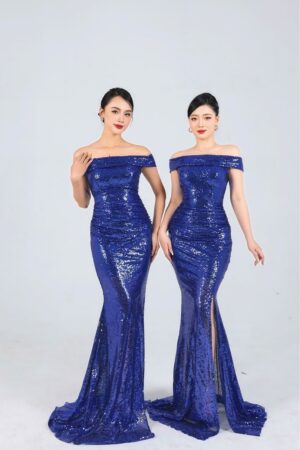 Váy dạ hội kim sa xanh dương vai ngang