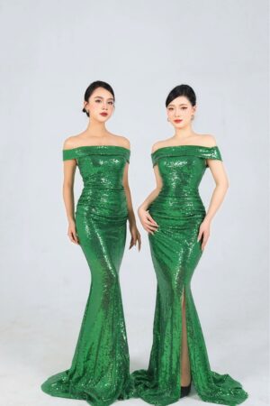 Váy dạ hội kim sa xanh lá vai ngang